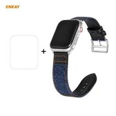 Voor Apple Watch Series 6/5/4 / SE 44 mm Hat-Prince ENKAY 2 in 1 denim textuur PU lederen horlogeband + 3D volledig scherm PET gebogen Hot Bending HD schermbeschermfolie (donkerblauw)