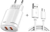 Dubbele USB draagbare reisoplader + 1 meter USB naar micro USB-datakabel, EU-stekker (wit)