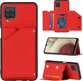 Voor Samsung Galaxy A12 Skin Feel PU + TPU + PC Achterkant Schokbestendig hoesje met kaartsleuven & houder & fotolijst (rood)