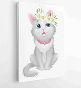 Illustration on white background depicting cartoon funny sitting gray kitty with a wreath of daisies on her head. - Moderne schilderijen - Vertical - 428182738 - 80*60 Vertical