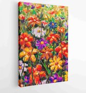 Original oil painting flowers floral nature, beautiful big flower blooming field on canvas. Wildflowers. Modern Impressionism. Impasto artwork. - Moderne schilderijen - Vertical -