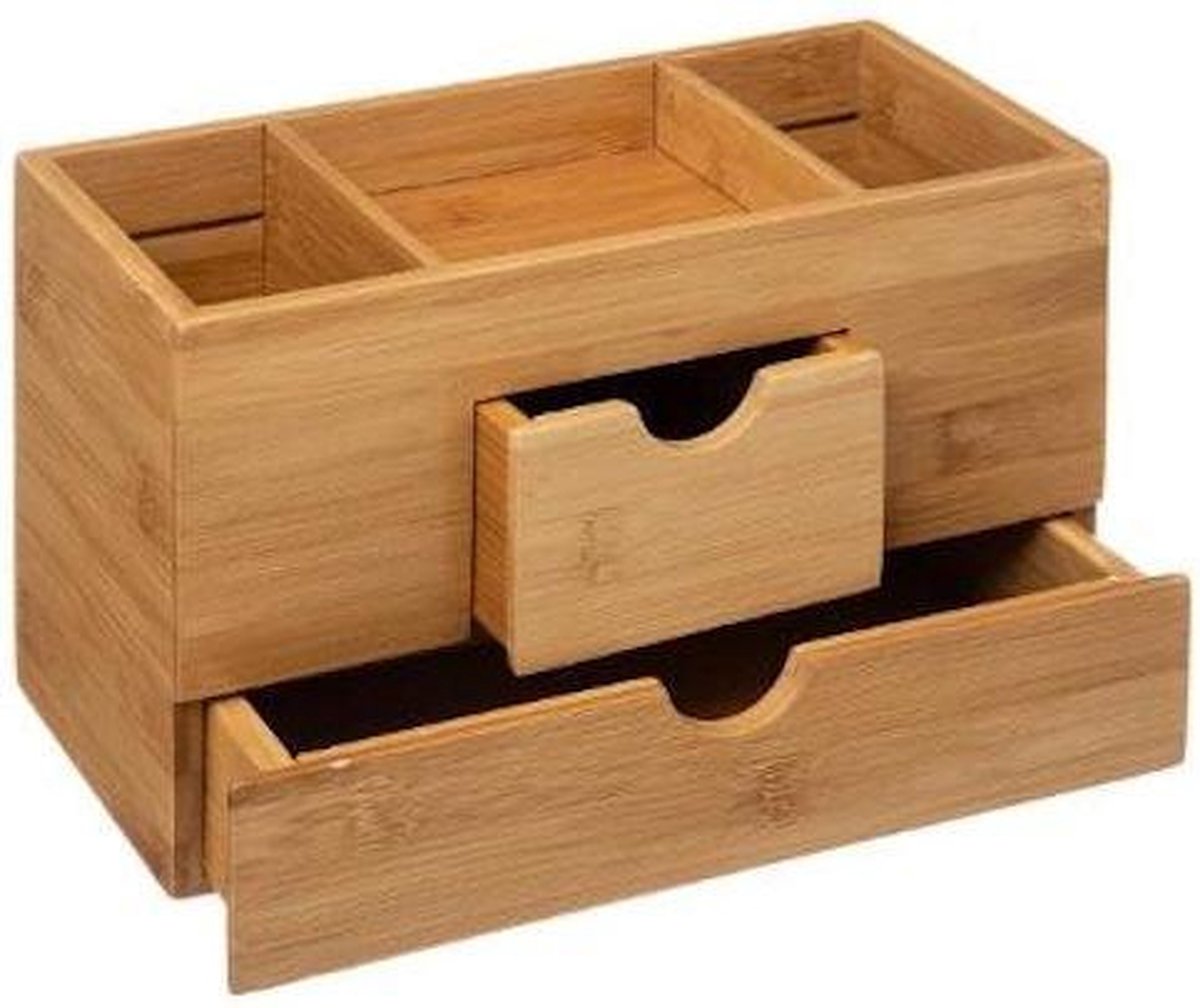 Make up Organizer met 3 Vakken & 2 Schuif Laden - Bamboe Hout - Make-up Organizer - Sieraden Cosmetica Opbergsysteem — cadeau in Wonen & Interieur - foto 4