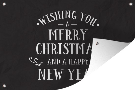 Tuindecoratie Kerst quote "Wishing you a merry Christmas" met een zwarte achtergrond - 60x40 cm - Tuinposter - Tuindoek - Buitenposter