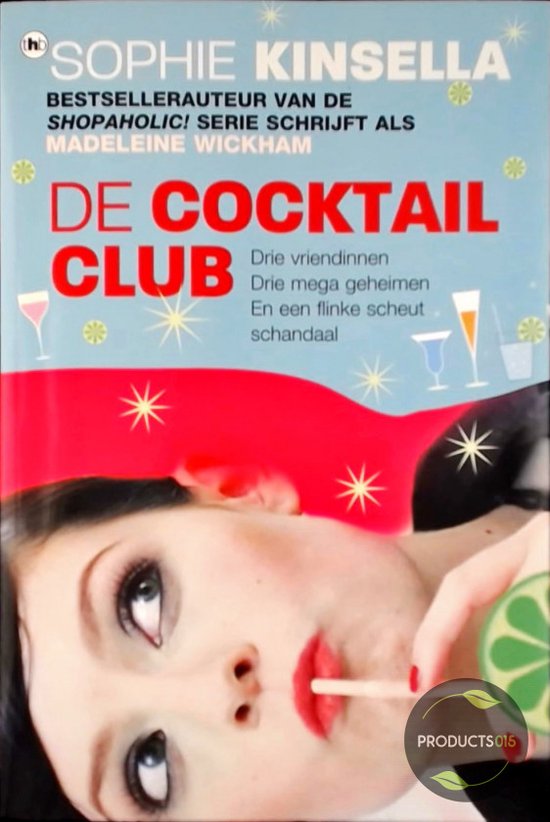 Boek kaft van De Cocktail Club met een vrouw die aan een cocktail nipt. Titel is in rode letters.