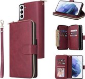 Voor Samsung Galaxy S21 Rits Portemonnee Tas Horizontale Flip PU Lederen Case met Houder & 9 Kaartsleuven & Portemonnee & Lanyard & Fotolijst (Rode Wijn)