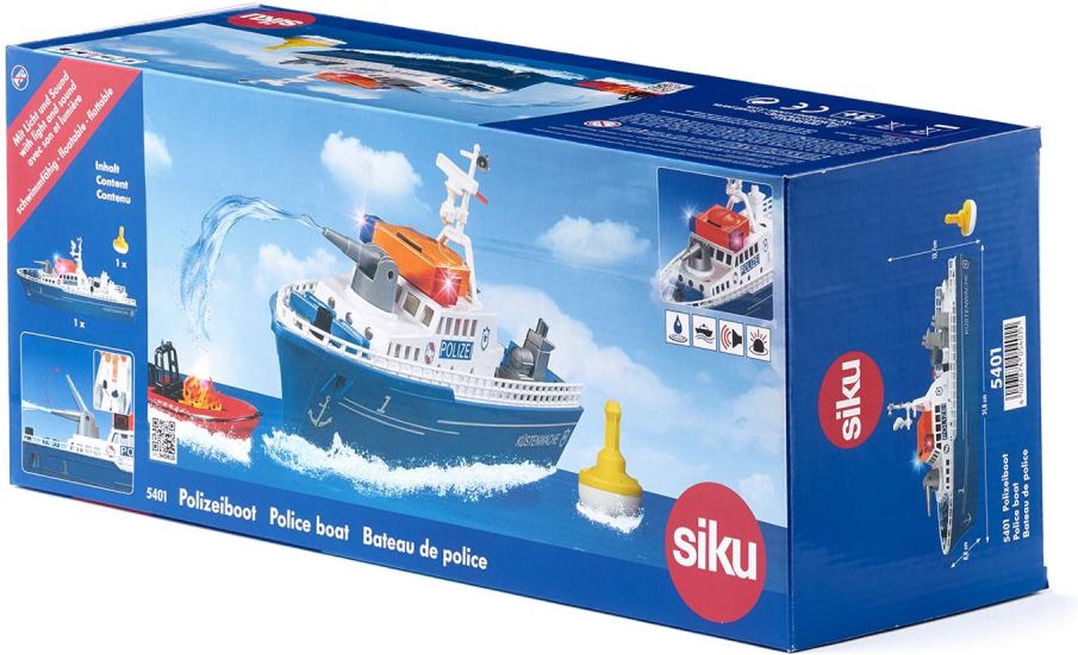 SIKU 5401, Politieboot, kunststof, blauw/wit, waterkanon, licht en geluid, achterklep, incl. boei – foto 8