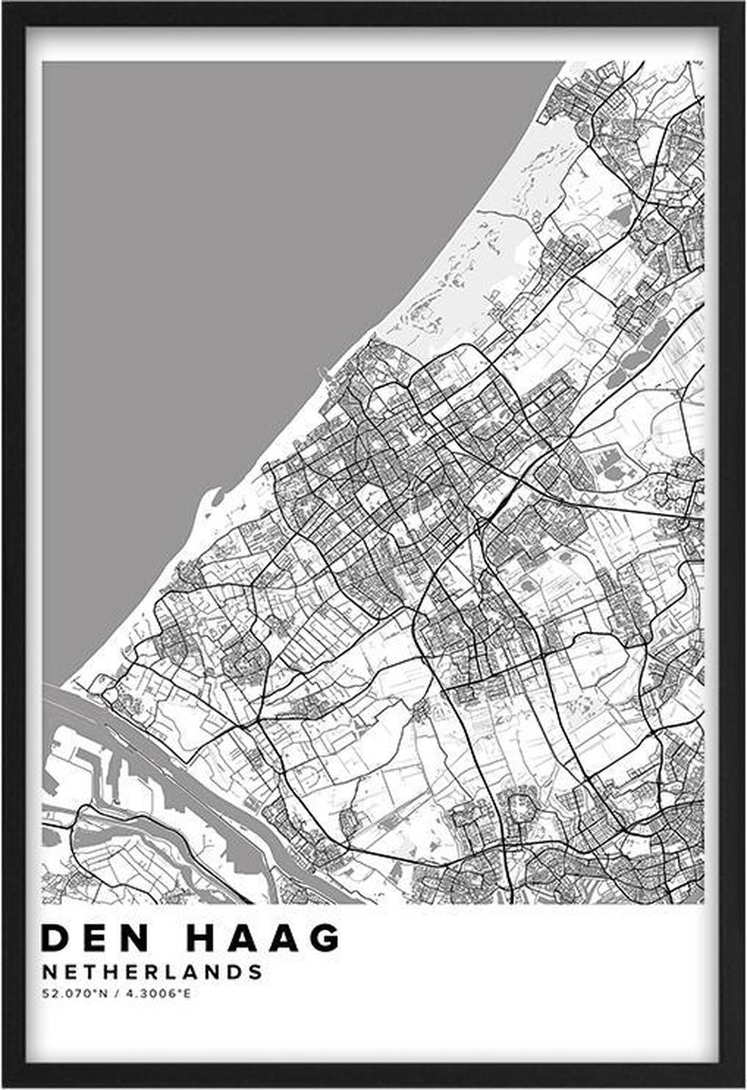 Poster Stad Den Haag - A3 - 30 x 40 cm - Inclusief lijst (Zwart MDF)