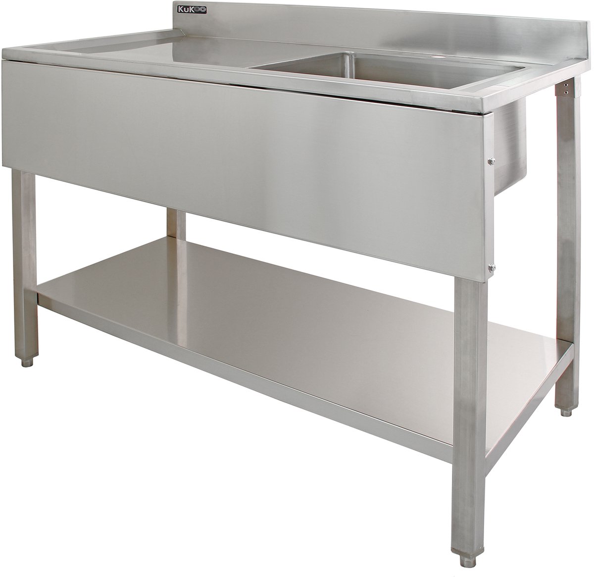 Commerciële Spoeltafel met Standaard RVS - Wasbak Rechts - Catering Horeca Keuken - Opstaande rand + legplank - 120 cm x 60 cm x 105 cm