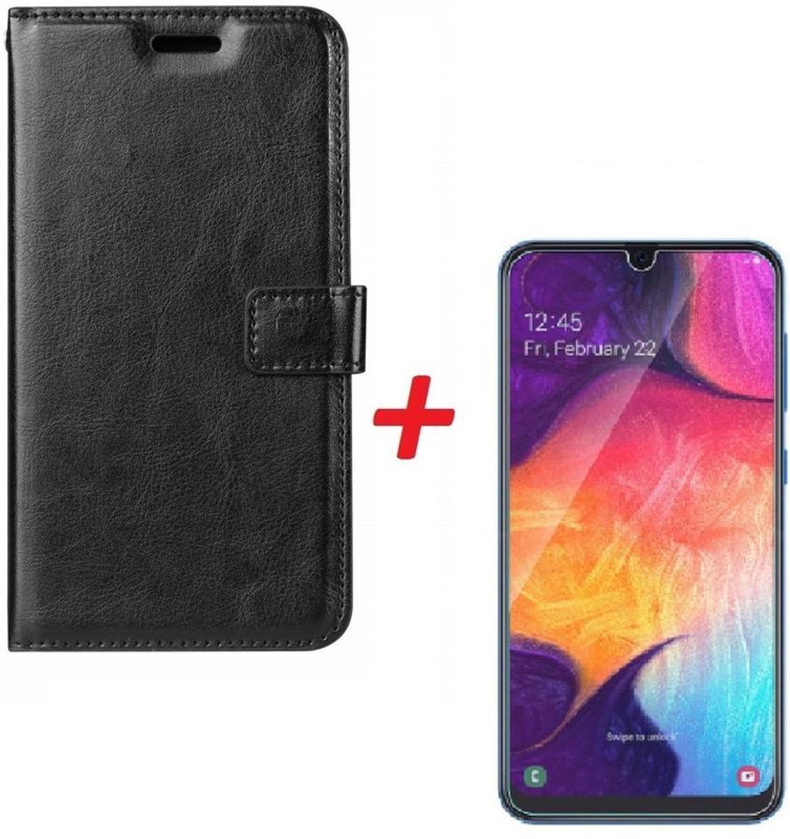 Ntech Samsung Galaxy A40 Portemonnee hoesje Zwart met Glazen screenprotector