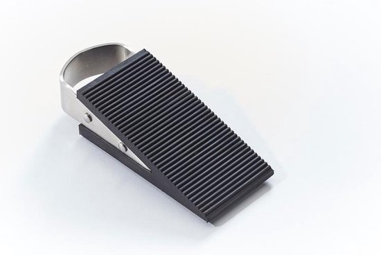 Zwarte rubberen deurstop met metalen handvat, ribbelpatroon, 11,8 cm lang.