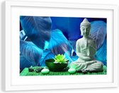 Foto in frame ,Boeddha met een Lelie , 120x80cm , Blauw zwart , Premium print