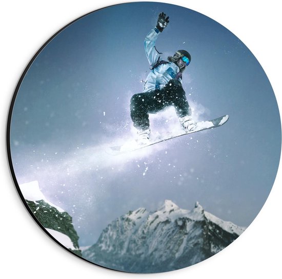 Dibond Wandcirkel - Vliegende Snowboarder  - 20x20cm Foto op Aluminium Wandcirkel (met ophangsysteem)