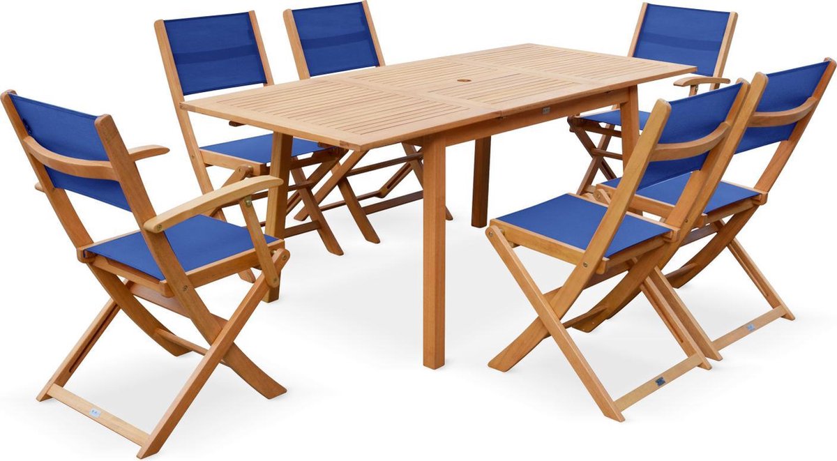 Alice's Garden Tuinset Almeria - Uitschuifbare tafel 120/180cm - 6 stoelen - nachtblauw