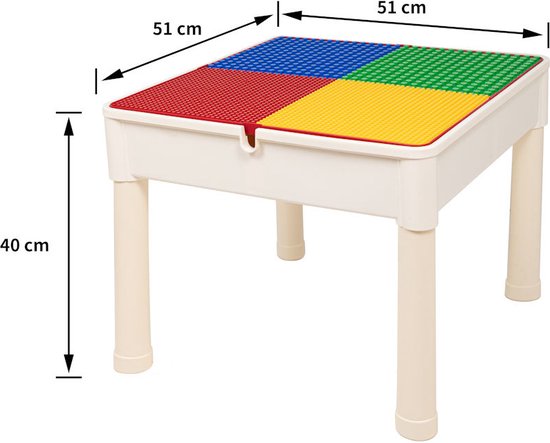 Kindertafel met 1 Stoeltje - Speeltafel met bouwplaat en vlakke kant - Geschikt voor Lego® & Duplo® Bouwstenen