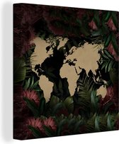 Canvas Wereldkaart - 50x50 - Wanddecoratie Wereldkaart - Bloemen - Roze