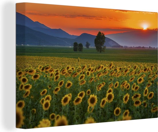 Tableau sur toile Soleil - Montagnes - Tournesols - 140x90 cm - Décoration murale