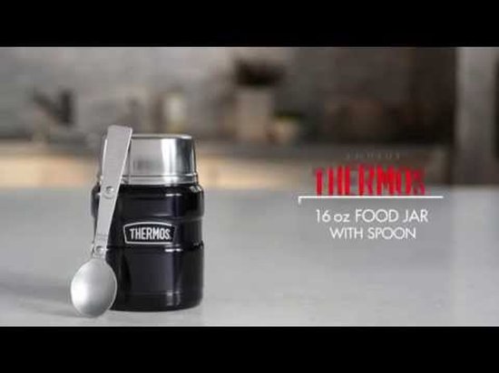 Thermos alimentaire noir de 16 oz avec cuillère, sur un comptoir.