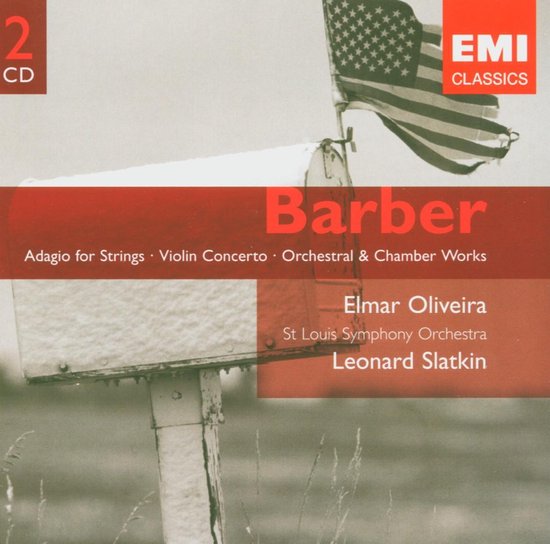Cd-hoes met een Amerikaanse vlag die uit een brievenbus waait. De tekst 'Barber', 'EMI Classics' en namen van uitvoerenden staan erop.