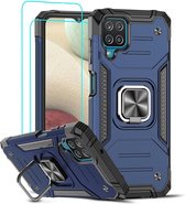 Samsung A12 Hoesje Heavy Duty Armor Hoesje Blauw - Galaxy A12 Case Kickstand Ring cover met Magnetisch Auto Mount- Samsung A12 screenprotector 2 pack