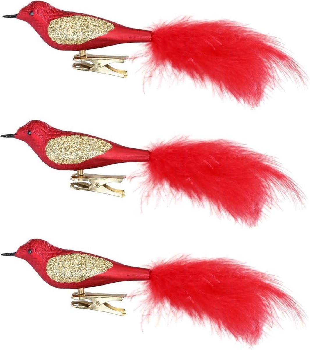 6x stuks decoratie vogels op clip rood 20 cm - Decoratievogeltjes/kerstboomversiering/bruiloftversiering