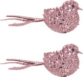 2x stuks decoratie vogels op clip glitter roze 12 cm - Decoratievogeltjes/kerstboomversiering/bruiloftversiering