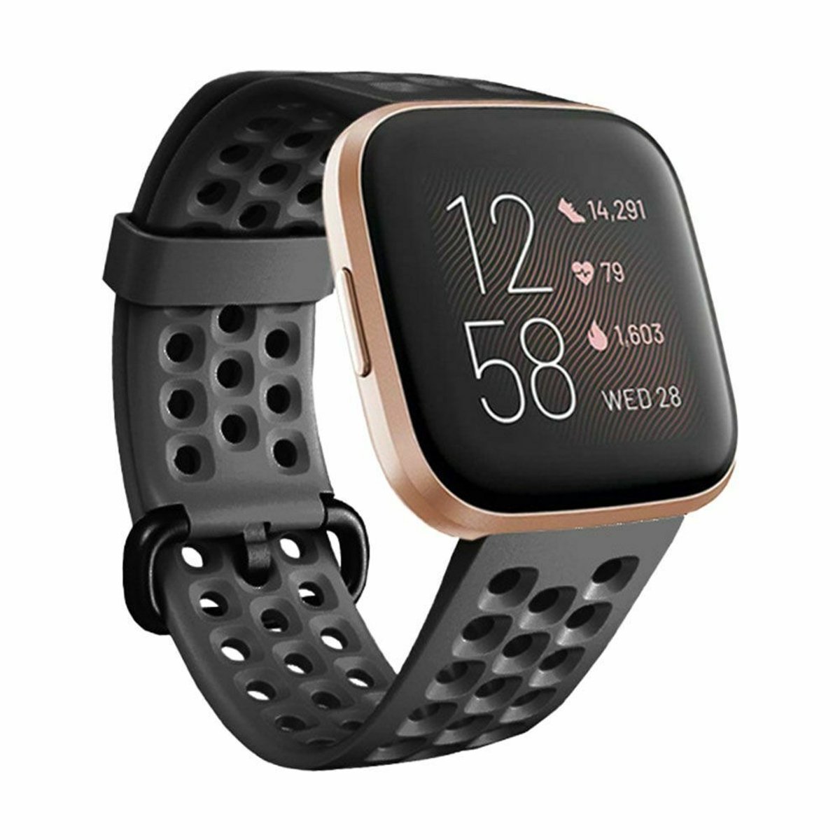 Geschikt voor Fitbit Versa siliconen bandje met gaatjes - zwart - Maat L