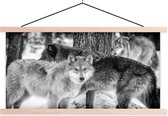 Posterhanger incl. Poster 120x60 cm - Schoolplaat - Groep wolven in zwart-wit - Textielposter - Blanke latten