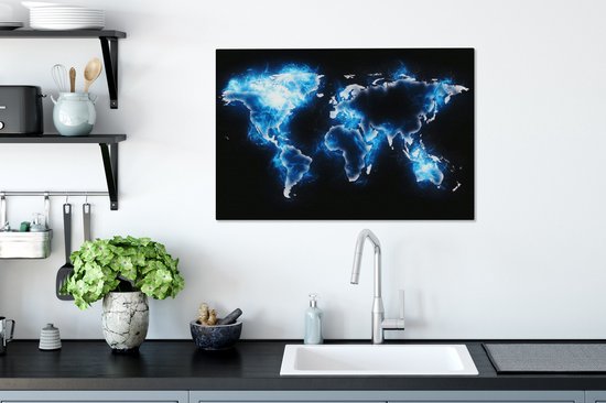 Wereldkaart en bleu électrique sur fond noir 60x40 cm