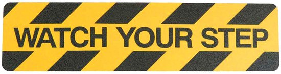 Anti-slip tape met de tekst 'WATCH YOUR STEP' in zwart op een geel-zwart diagonaal gestreept patroon.