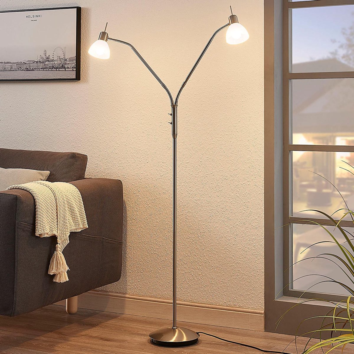 Lindby - vloerlamp - 2 lichts - glas, metaal - H: 160 cm - E14 - albast wit, gesatineerd nikkel