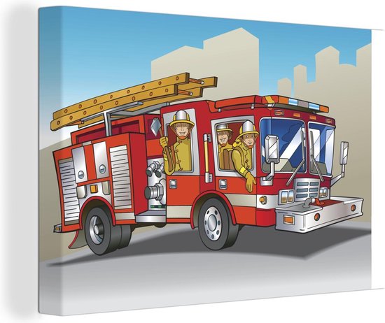 Illustration pour enfants de pompiers en camion de pompiers 60x40 cm -  Tirage photo