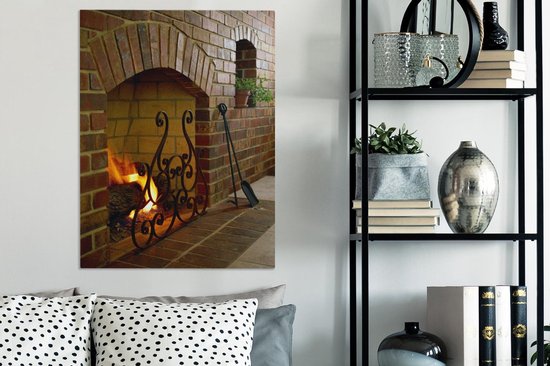 Feu dans une cheminée 60x80 cm - Tirage photo sur toile (Décoration murale salon / chambre)