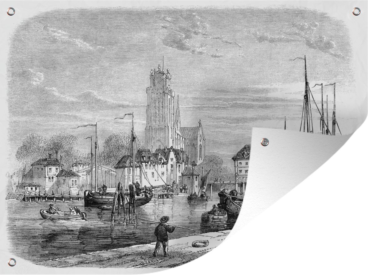 Tuinschilderij Een antieke zwart-wit illustratie van Dordrecht - 80x60 cm - Tuinposter - Tuindoek - Buitenposter - GreatGardenPosters