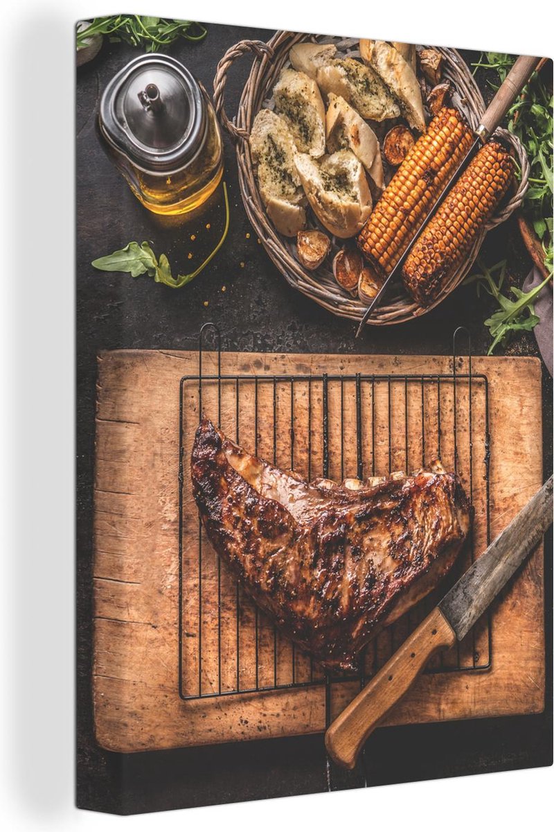Canvas schilderij 120x160 cm - Wanddecoratie BBQ met spareribs, maiskolven en knoflookbroo