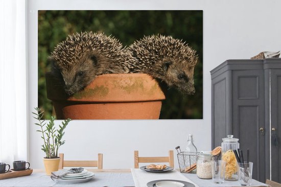 Tableau sur toile Deux hérissons sur un pot - 150x100 cm - Décoration murale