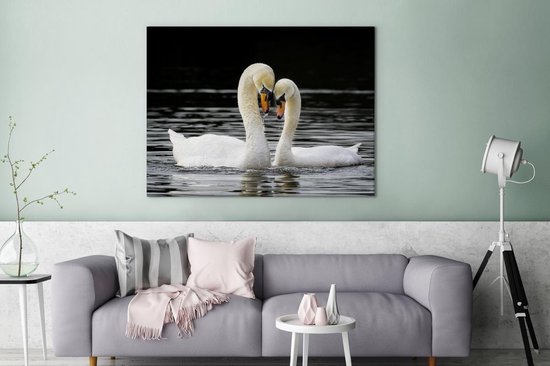 Deux cygnes câlins 120x90 cm - Tirage photo sur toile (Décoration murale salon / chambre) / Peintures sur toile animaux sauvages