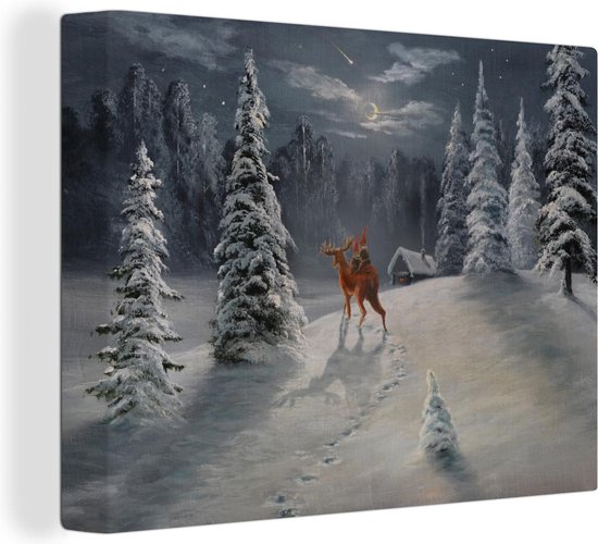 Canvas Schilderij Kabouter - Hert - Sneeuw - 120x90 cm - Wanddecoratie