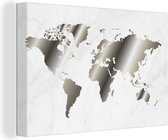 Canvas Wereldkaart - 90x60 - Wanddecoratie Wereldkaart - Zwart Wit - Marmer