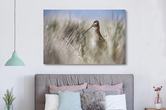 Canvas schilderij 180x120 cm - Wanddecoratie Een watersnip tussen het hoge riet - Muurdecoratie woonkamer - Slaapkamer decoratie - Kamer accessoires - Schilderijen