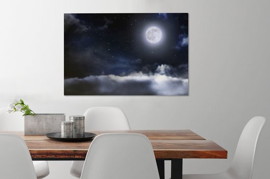 La pleine lune entourée de nuages et d'étoiles toile 60x40 cm - Tirage photo sur toile (Décoration murale salon / chambre)