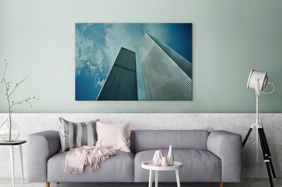 Onderaanzicht van de torens van het World trade center in New York Canvas 30x20 cm - Foto print op Canvas schilderij (Wanddecoratie woonkamer / slaapkamer)