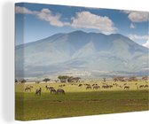 Canvas Schilderij Wilde dieren grazen op de savanne van het Nationaal park Serengeti - 120x80 cm - Wanddecoratie