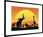 Photo en cadre - Illustration d'animaux africains avec un cadre photo soleil couchant noir avec passe-partout blanc 80x60 cm - Affiche sous cadre (Décoration murale salon / chambre)