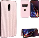 Voor OnePlus 6T Carbon Fiber Texture Magnetische Horizontale Flip TPU + PC + PU Leather Case met Card Slot (Pink)