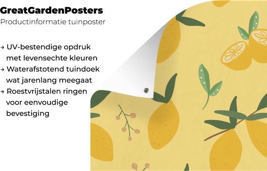 Gedetailleerde informatie over tuinposters. UV-bestendige opdruk, waterafstotend, roestvrijstalen ringen.