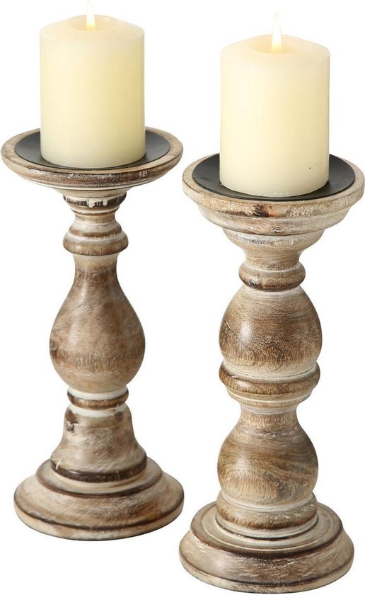 Set van 2x stuks mango houten kaarsenhouder voor stompkaarsen 23 x 10 cm. Trendy stijl. Natural/white wash kleur.