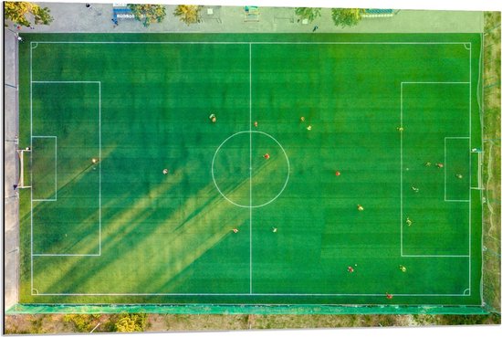 Dibond - Bovenaanzicht van Voetbalveld met Spelers - 90x60cm Foto op Aluminium (Met Ophangsysteem)