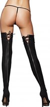 Wetlook Zipper and Lace-Up Stockings - Black - Maat S/M