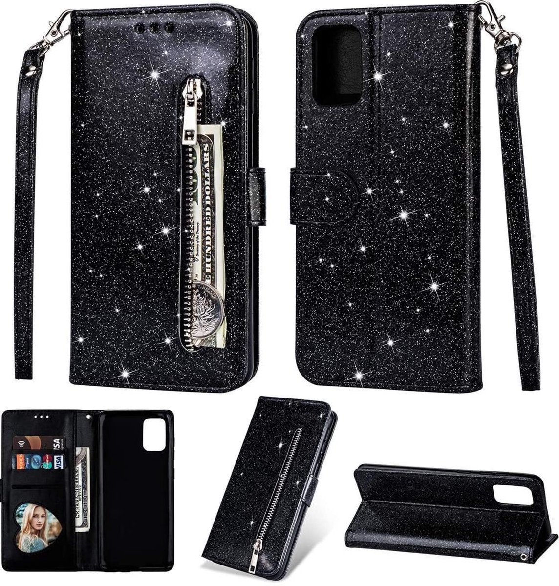 Bookcase Geschikt voor: Samsung Galaxy M31S Glitter Bookcase met rits - hoesje - portemonnee hoesje - Zwart