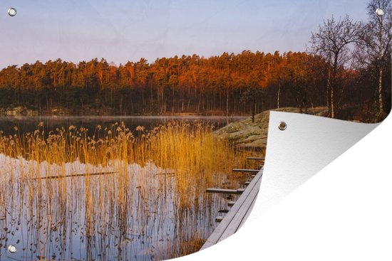 Muurdecoratie Scandinavische steiger in de herfst - 180x120 cm - Tuinposter - Tuindoek - Buitenposter
